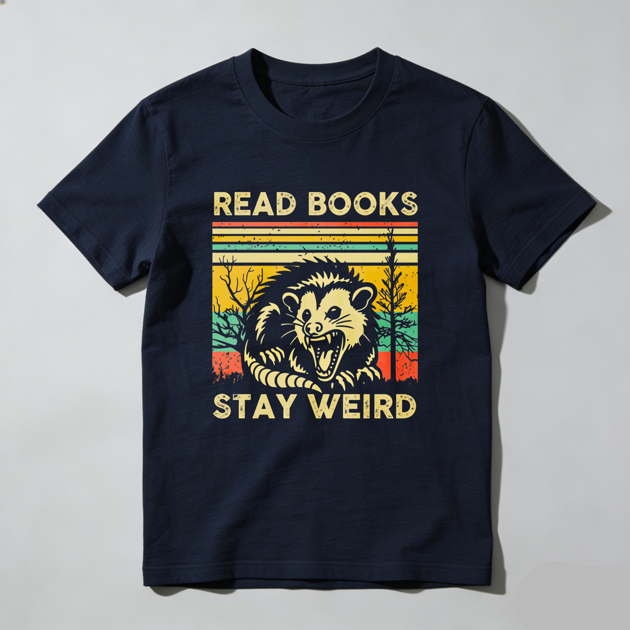 Wardrobecart Read Books Stay Weird Opossum Sunset Trees Tshirt