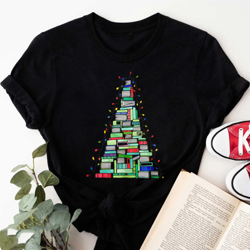 Wardrobecart Books Stacked Into Christmas Tree Shape Tshirt