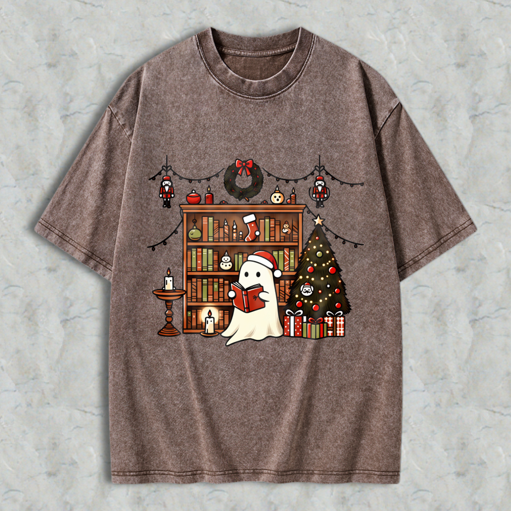 Wardrobecart Ghost Reading Book Christmas Tree Bookshelf Decor Unisex Washed T-shirt