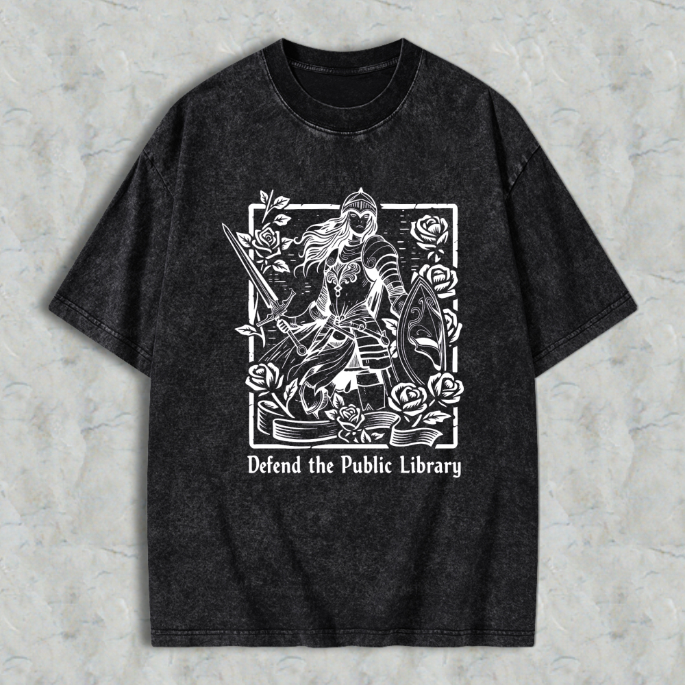 Wardrobecart Knight With Sword And Roses Defend The Public Library Unisex Washed T-shirt
