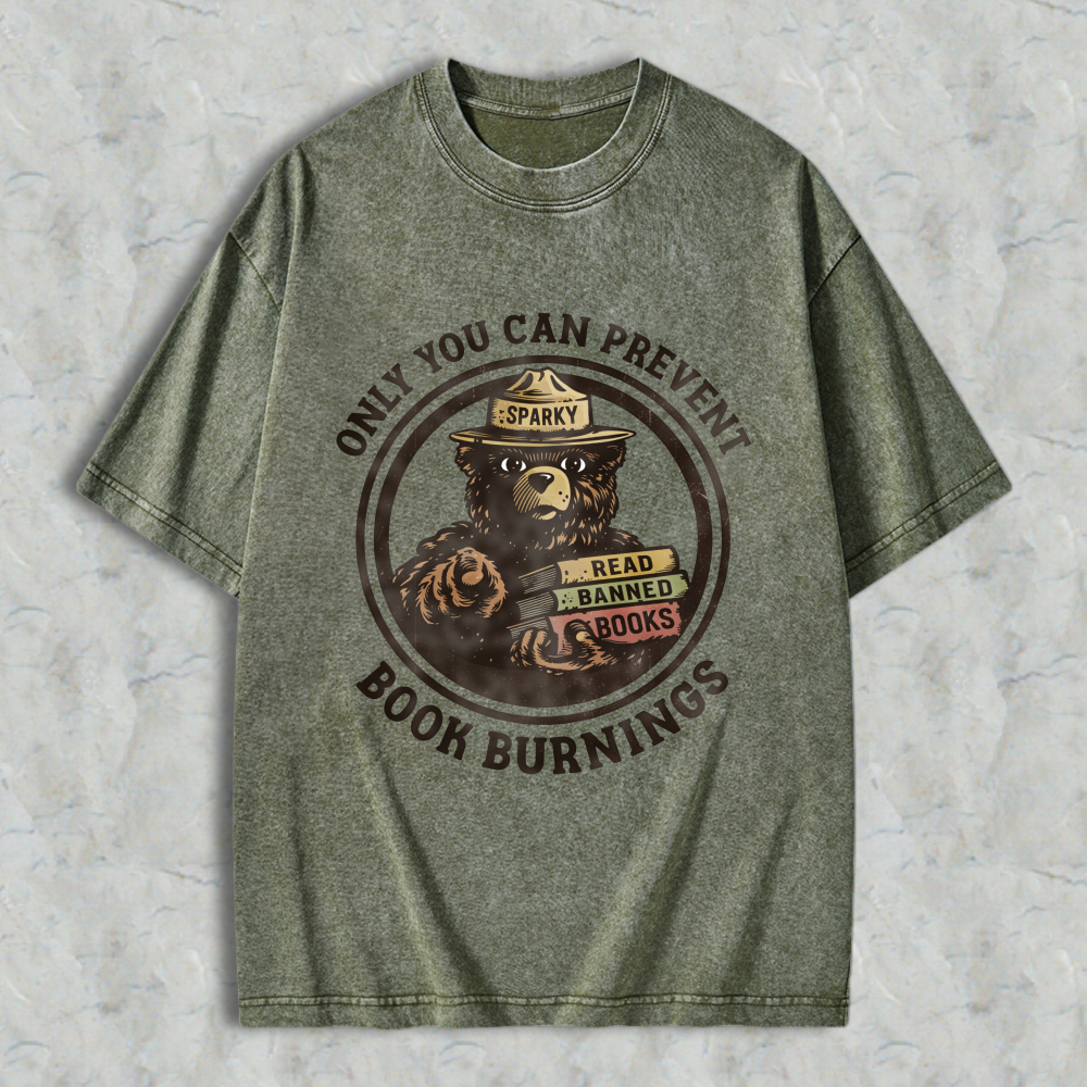Wardrobecart Bear Reading Banned Books Sparky Ranger Hat Only You Can Prevent Book Burning Unisex Washed T-shirt