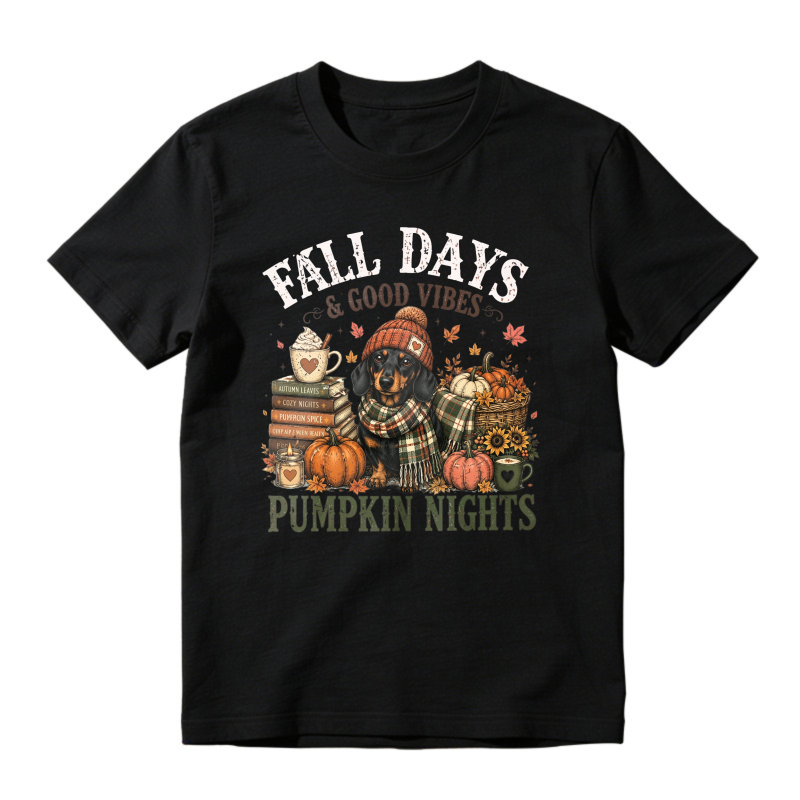Fall Days And Good Vibes Pumpkin Nights Dachshund With Books And Pumpkins Autumn Season Graphic, Unisex Classic T-shirt