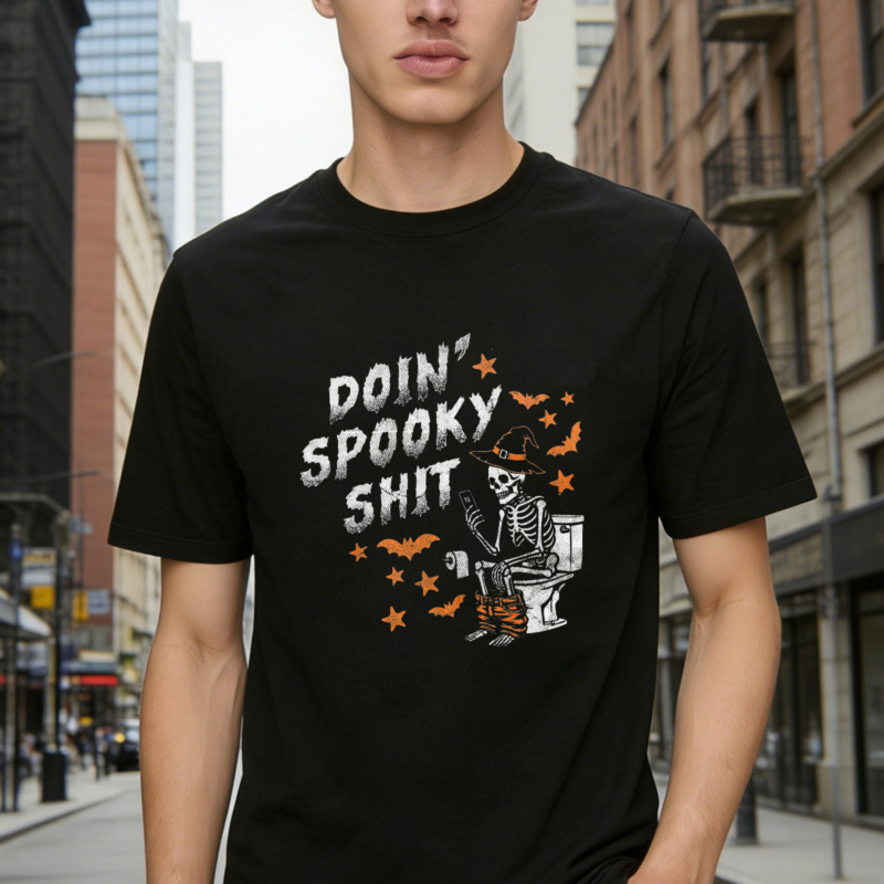Doin Spooky Shit Skeleton On Toilet With Bats And Stars Halloween Graphic T-shirt