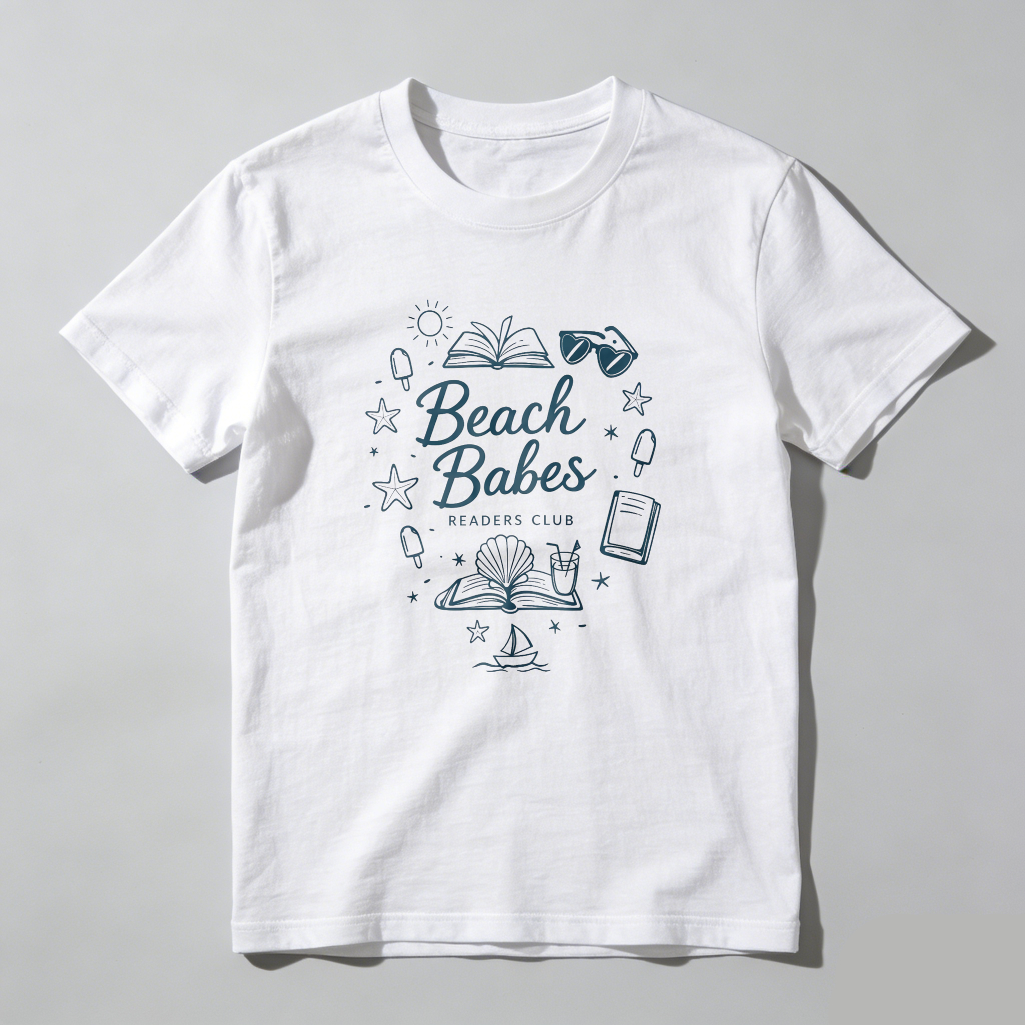 Wardrobecart Beach Babes Readers Club Book Sun Sunglasses Star Shell Boat Ice Cream Tshirt 100% cotton