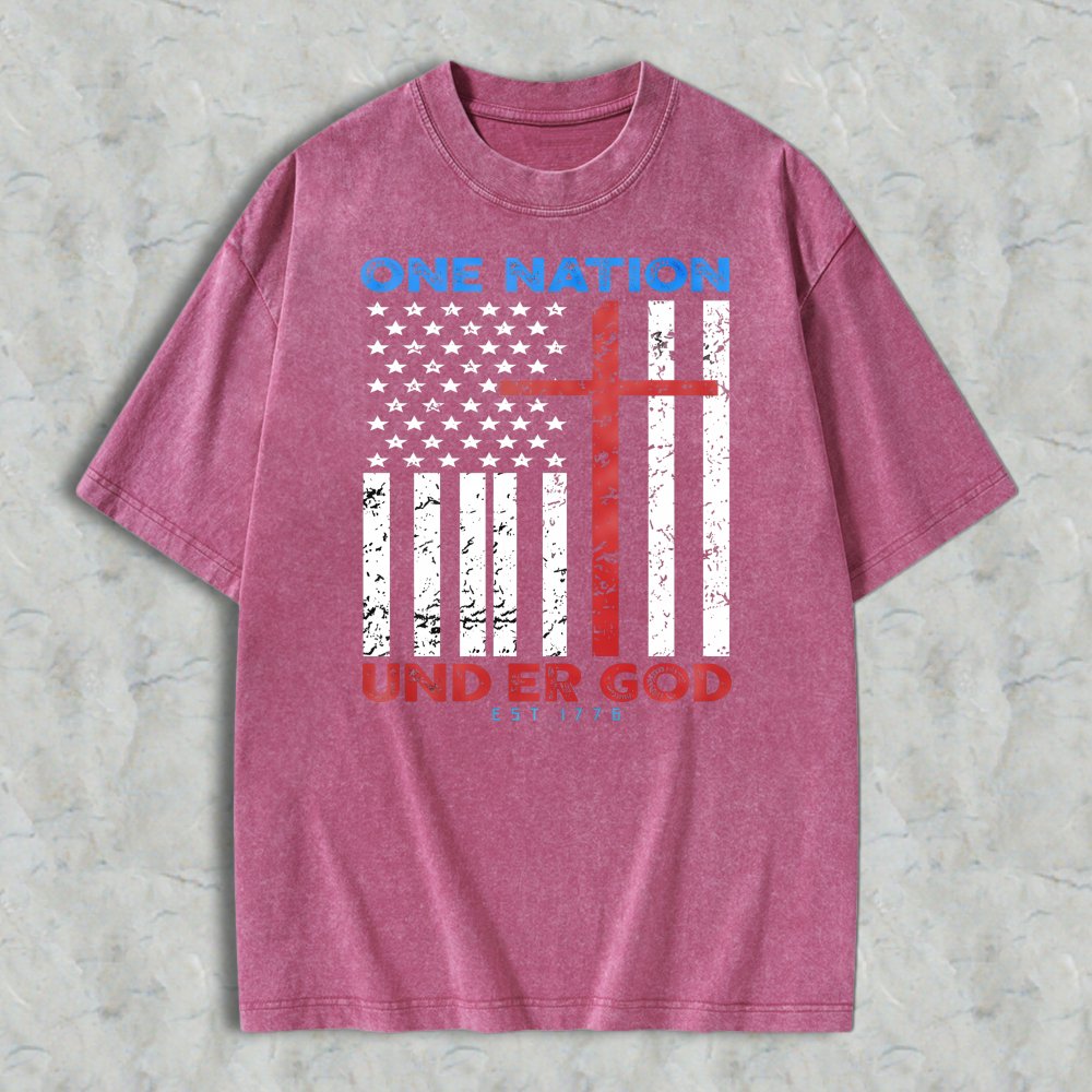 One Nation Under God American Flag With Cross Washed T-shirt