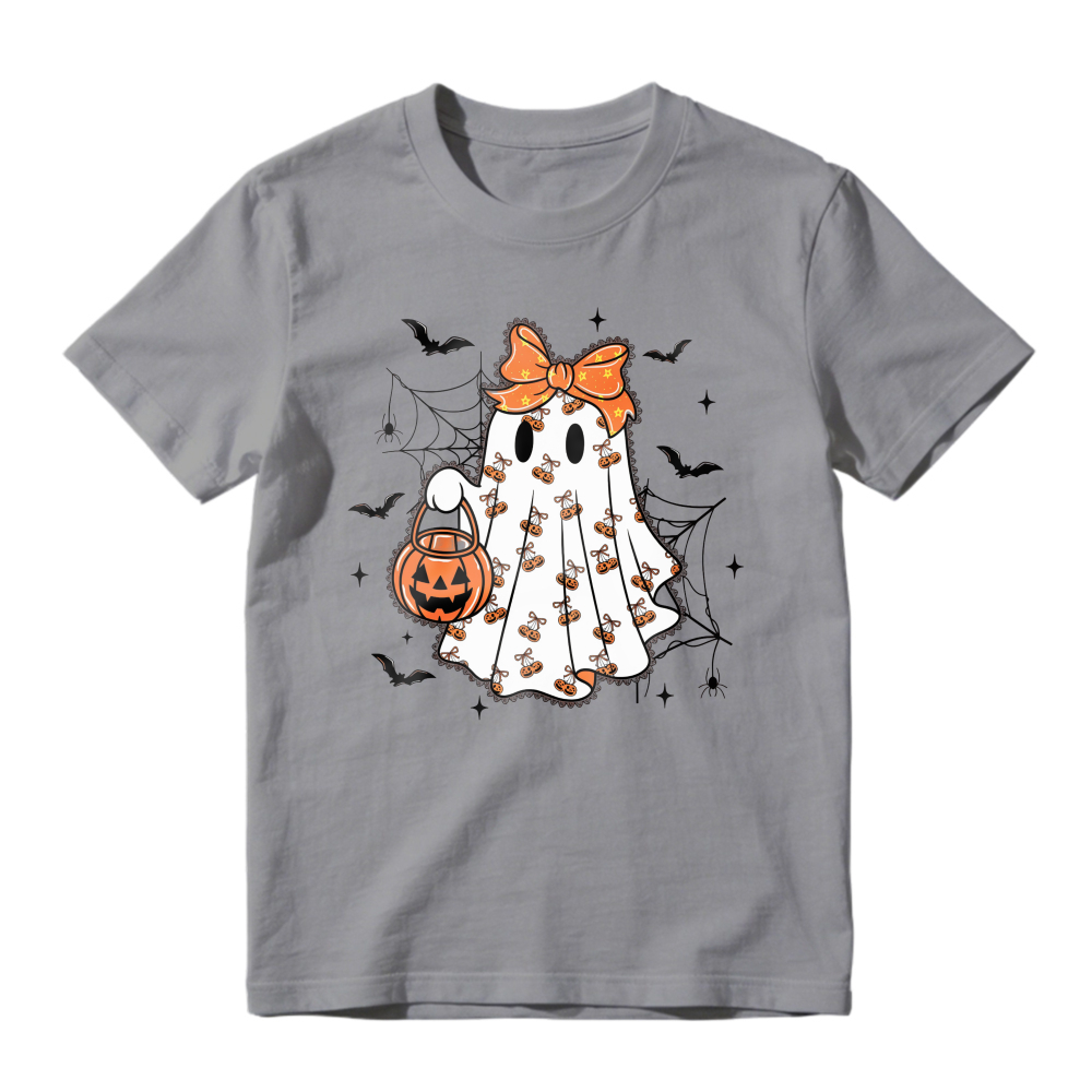 Cute Ghost With Orange Bow And Pumpkin Bucket Halloween Design Unisex Classic T-shirt
