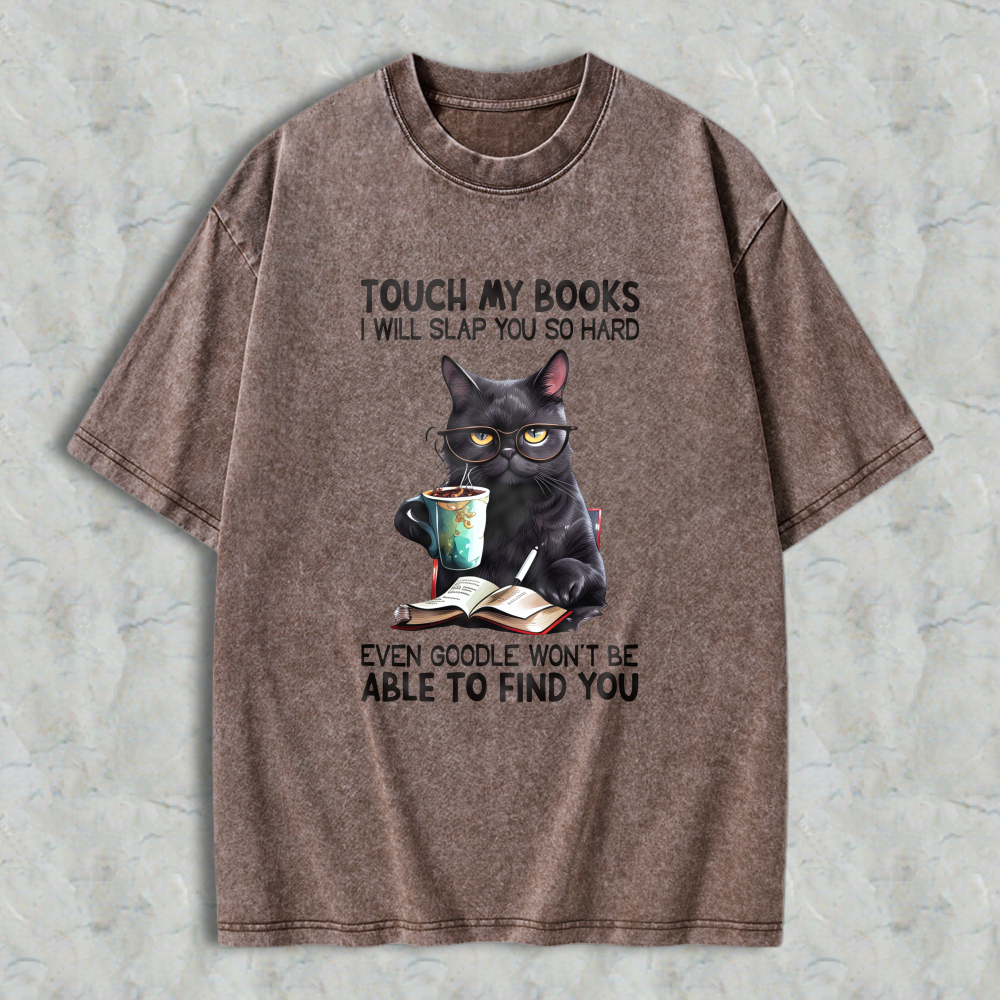 Wardrobecart Black Cat With Glasses Reading Book And Coffee Cup Unisex Washed T-shirt