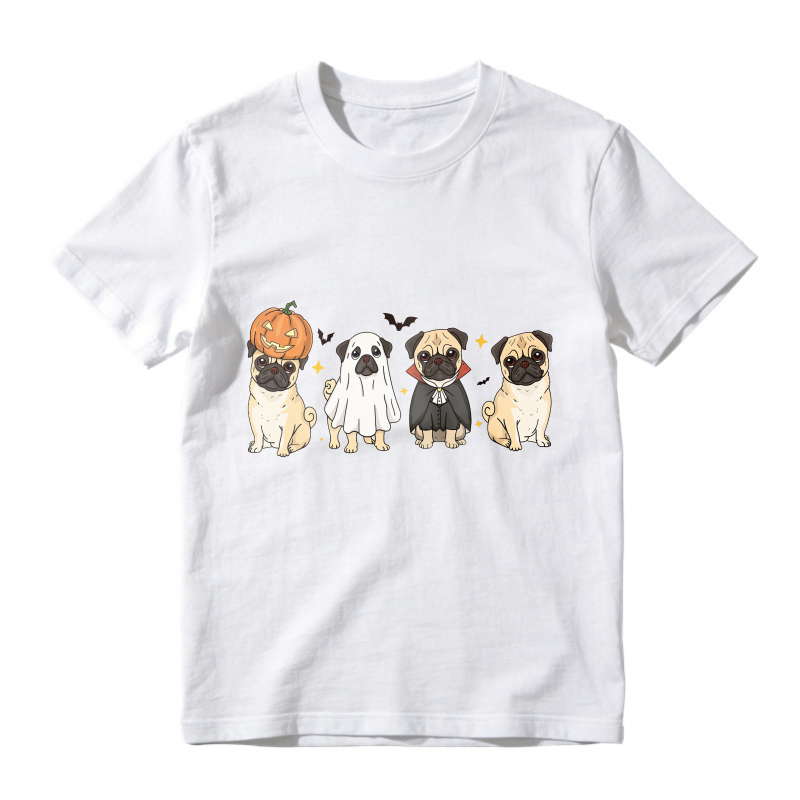 Halloween Pugs In Pumpkin Ghost And Vampire Costumes With Bats, Unisex Classic T-shirt