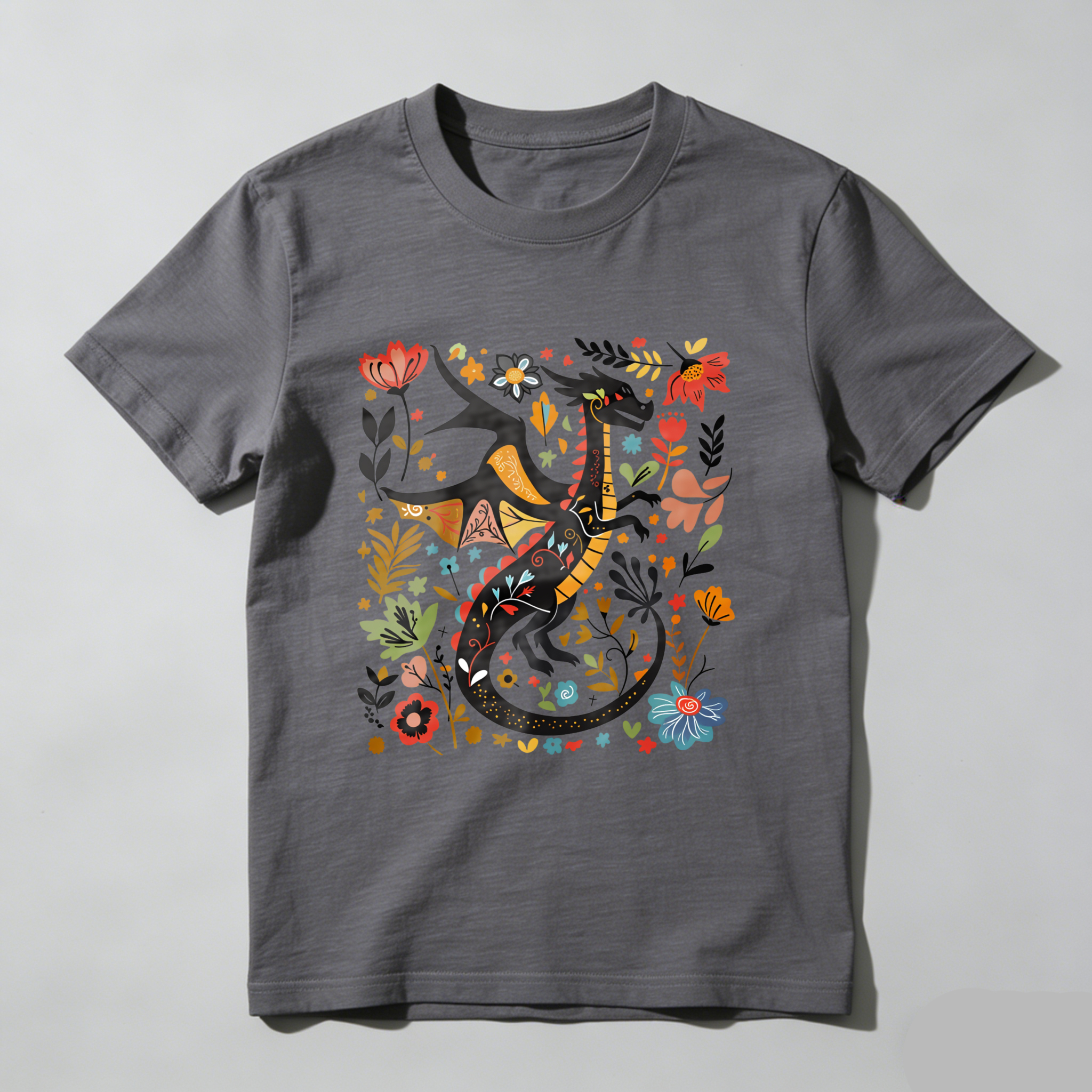 Wardrobecart Colorful Dragon Floral Pattern Design Tshirt