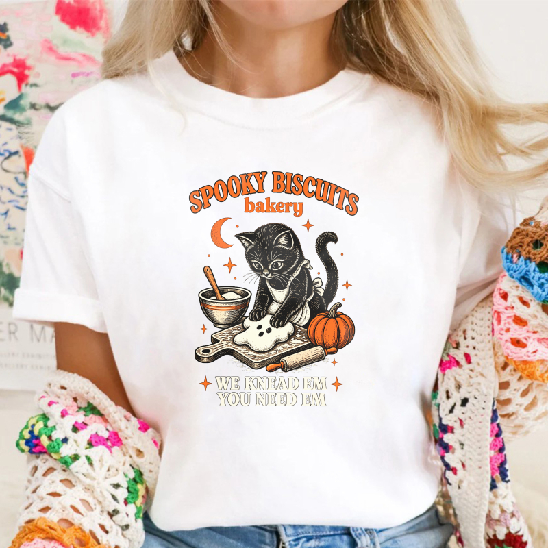 Spooky Biscuits Bakery Black Cat Kneading Dough Pumpkin Halloween Humor, Unisex Classic T-shirt