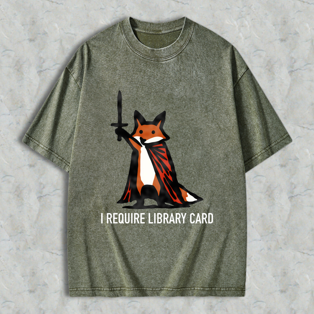 Wardrobecart Fox With Cape And Text I Require Library Card Unisex Washed T-shirt