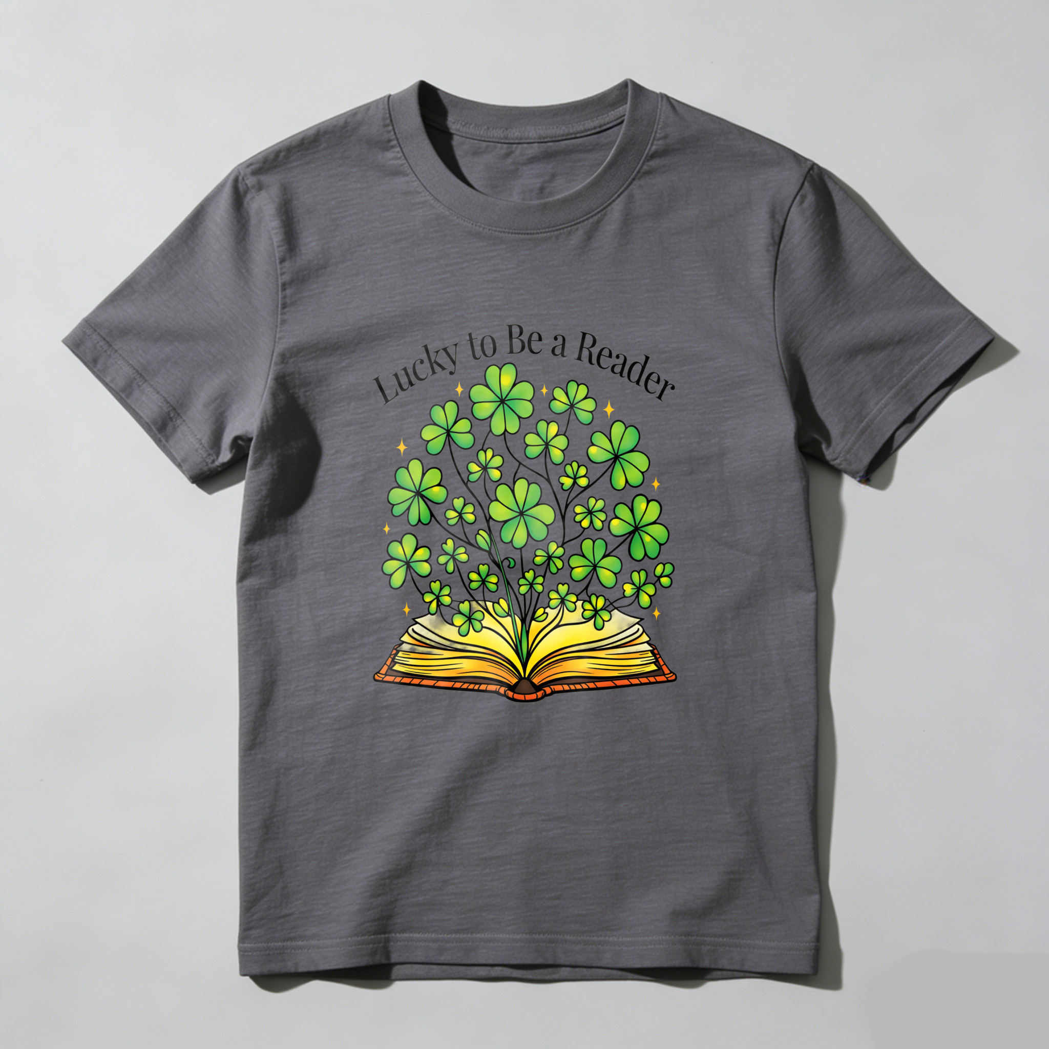 Wardrobecart Lucky To Be A Reader Book With Clovers tshirt