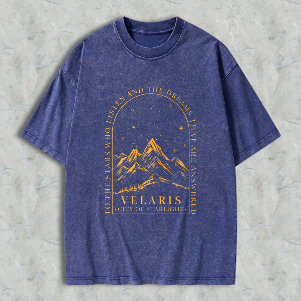Wardrobecart Mountain Landscape With Stars And Text Velaris City Of Starlight Unisex Washed T-shirt