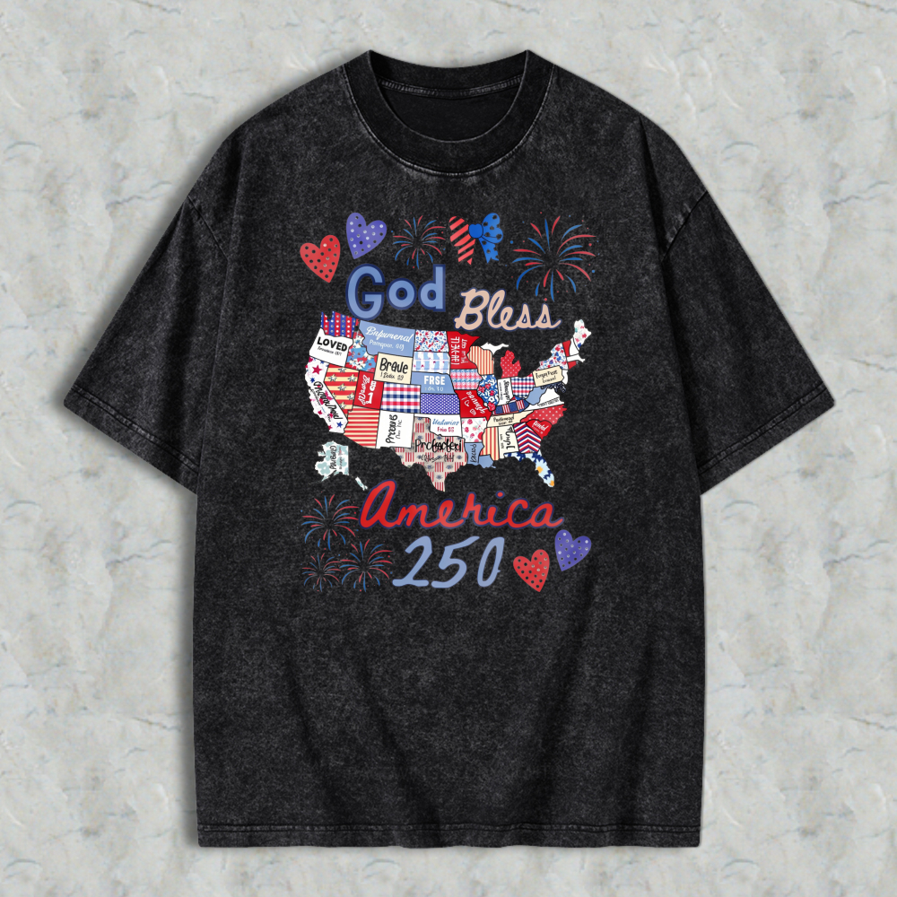 God Bless America 250 Usa Map With Patriotic Symbols And Fireworks Washed T-shirt