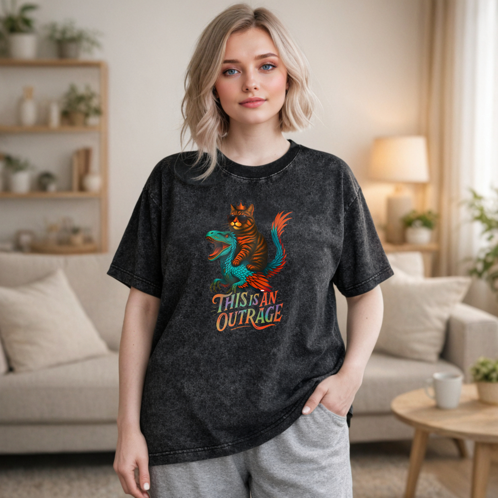 Wardrobecart Cat Riding Dragon This Is An Outrage Unisex Washed T-shirt