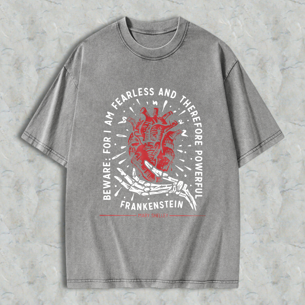 Wardrobecart Frankenstein Heart And Skeleton Hand Design With Quote From Mary Shelley Unisex Washed T-shirt