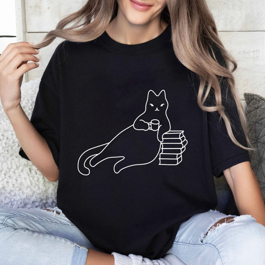 Wardrobecart Cat Holding Book Stack With Coffee Cup Tshirt