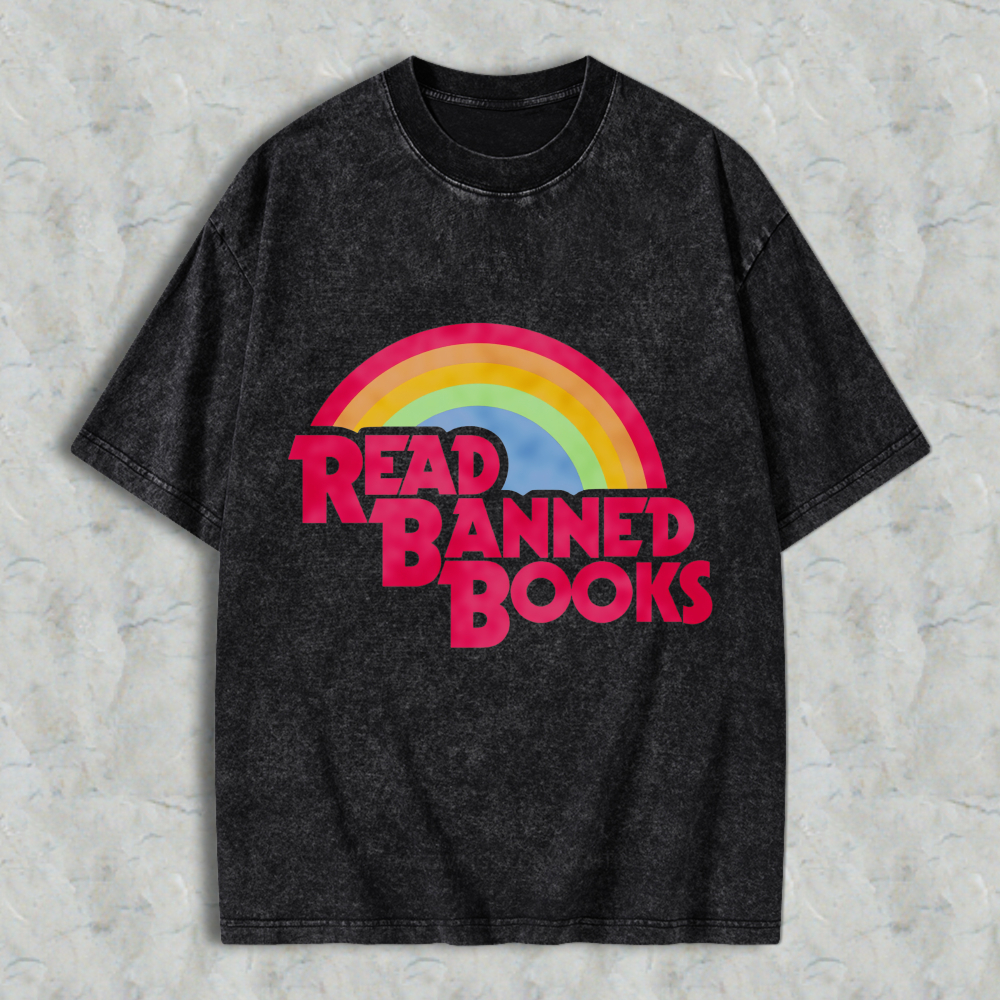 Wardrobecart Read Banned Books Rainbow Design Unisex Washed T-shirt