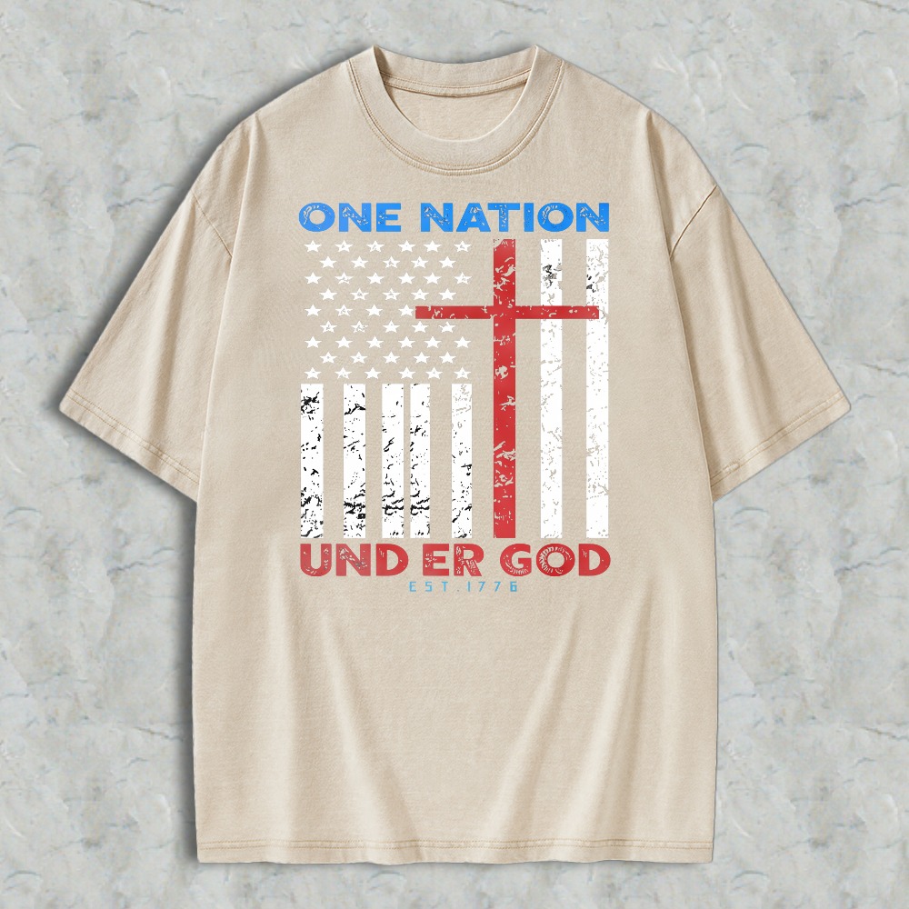 One Nation Under God American Flag With Cross Washed T-shirt