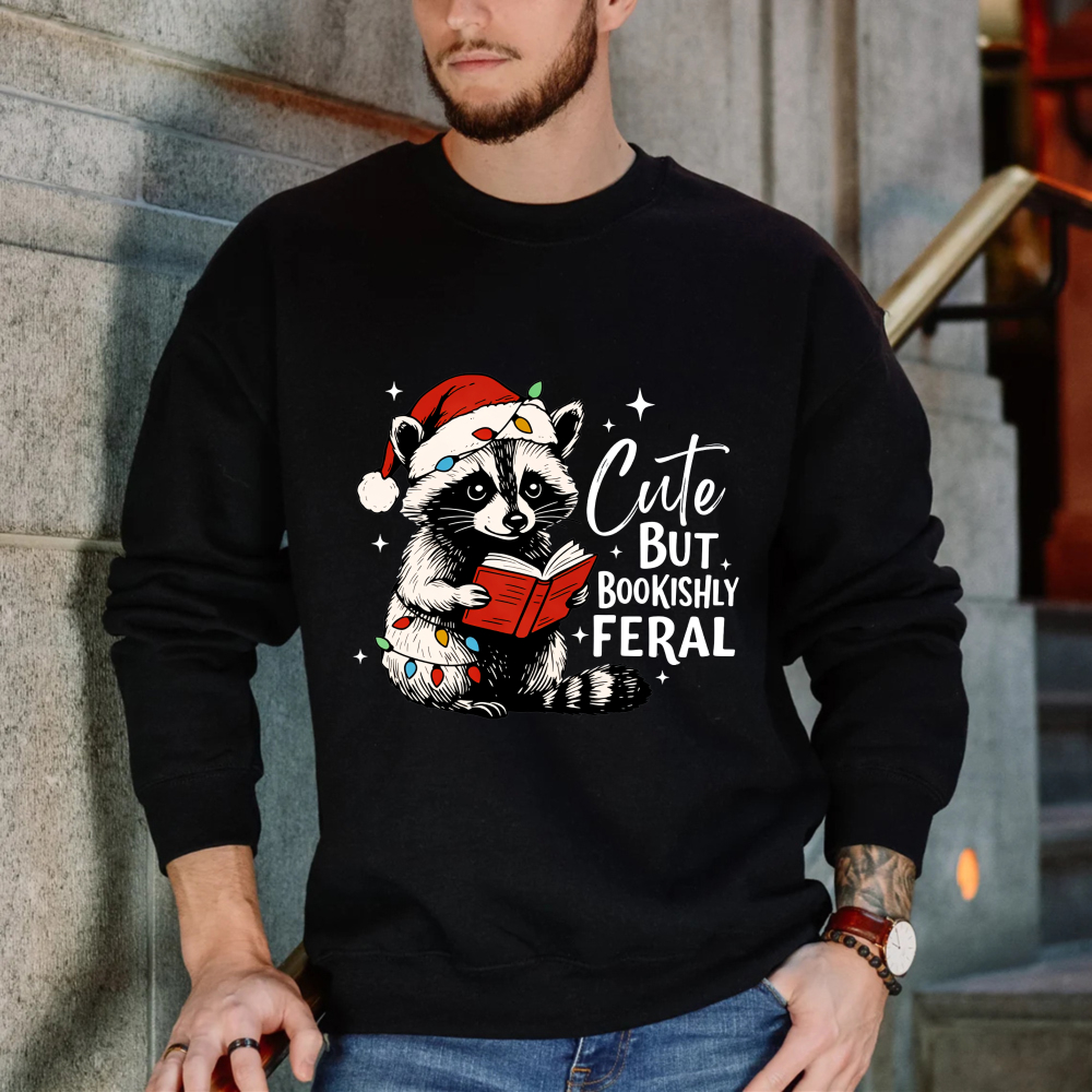 Wardrobecart Raccoon Reading Book With Santa Hat And Christmas Lights Unisex Classic Sweatshirt