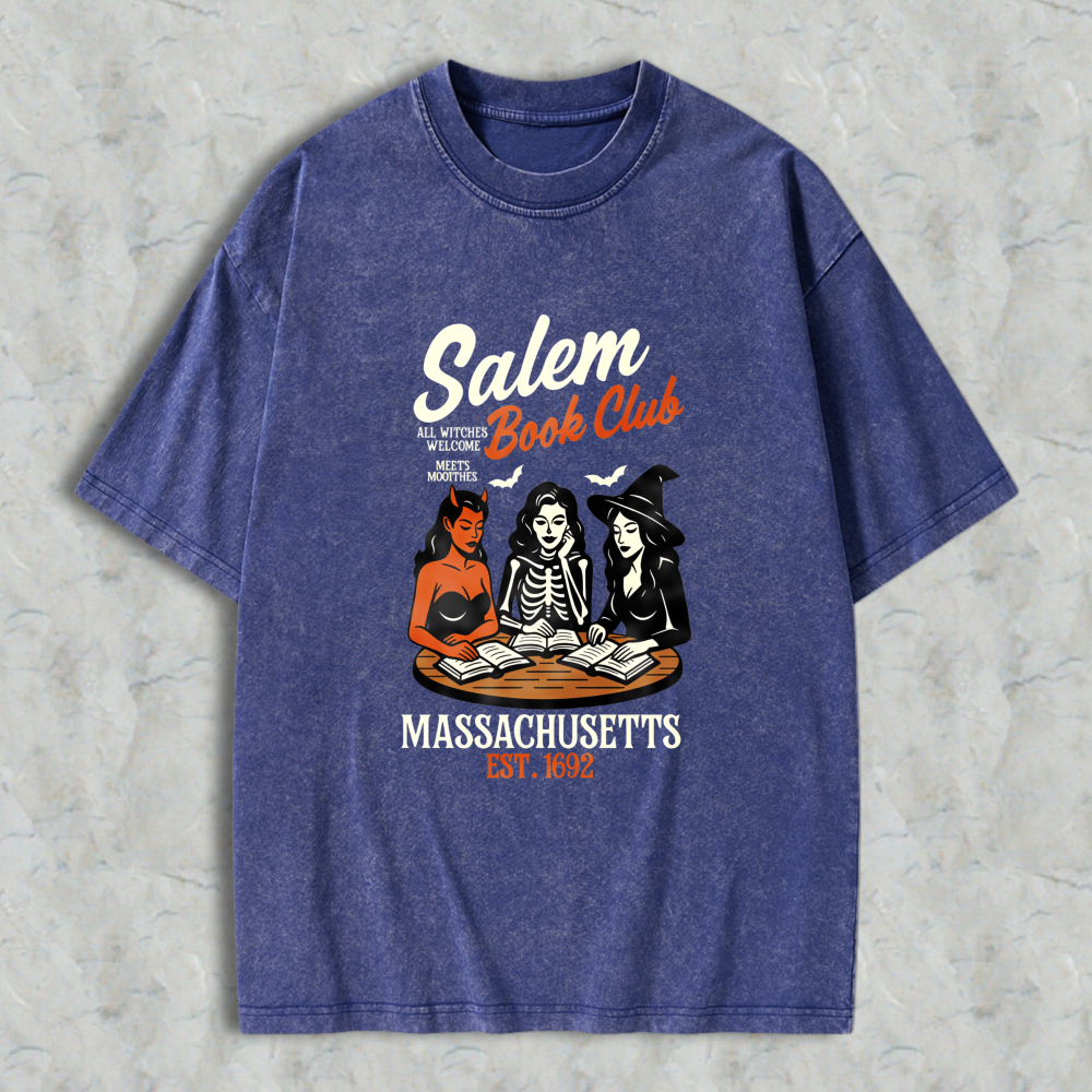 Wardrobecart Salem Book Club Massachusetts Est 1692 Witch Reading Books Vintage Horror Theme Unisex Washed T-shirt