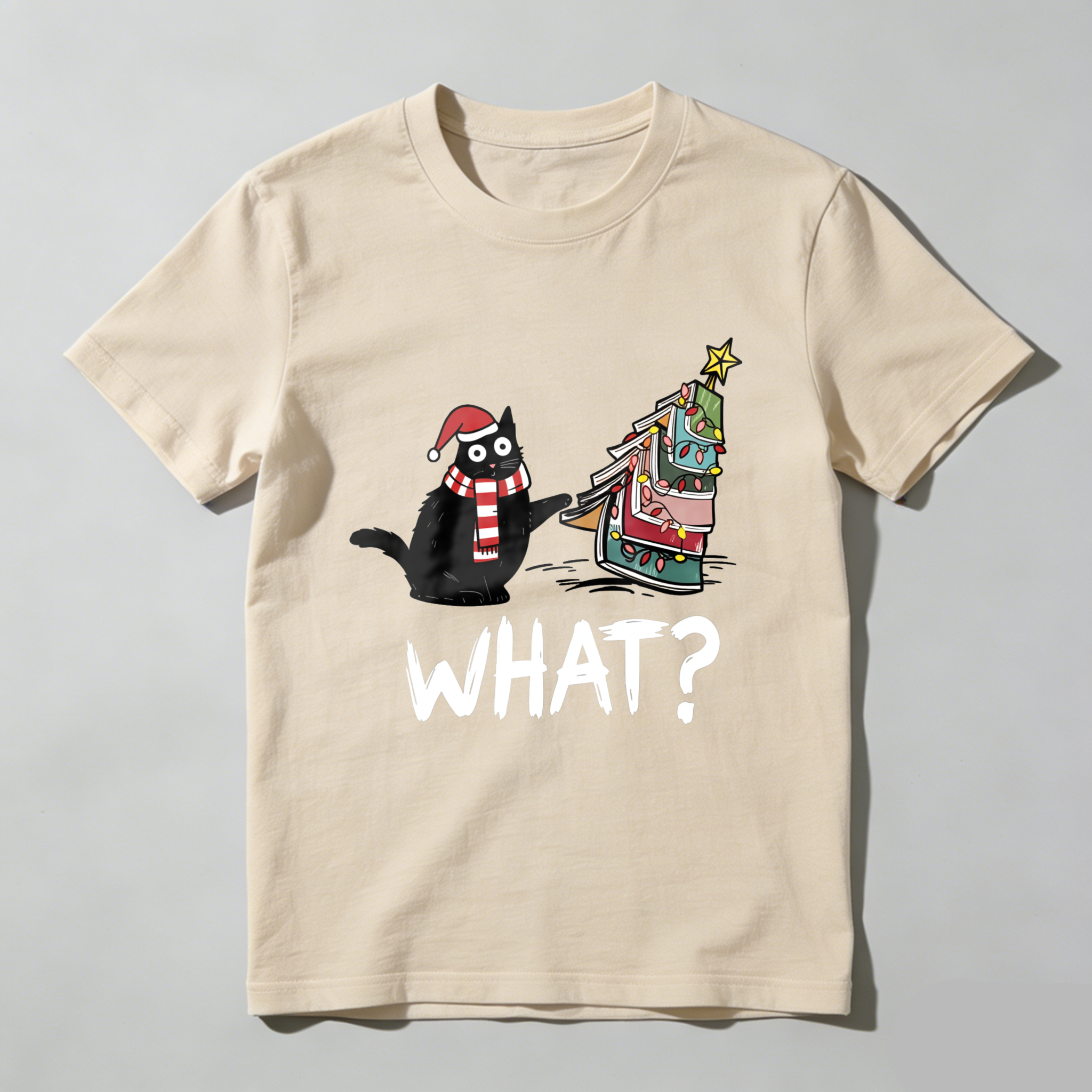 Wardrobecart Cat Wearing Santa Hat And Scarf   Christmas Tree Made Of Books   What Question Mark Below Tshirt