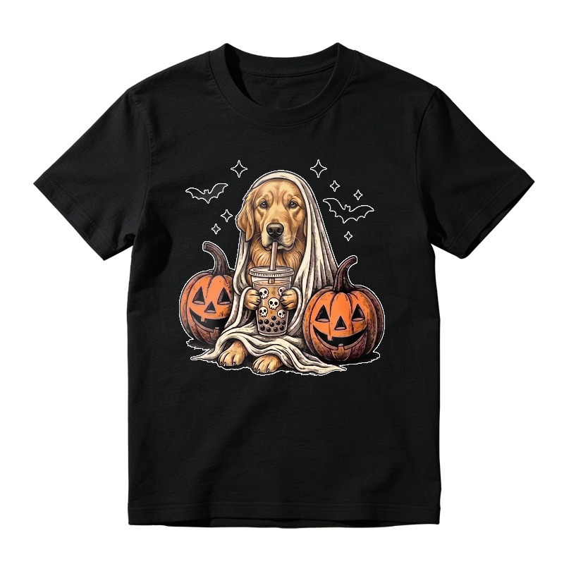 Golden Retriever Ghost Costume With Boba Tea And Pumpkins Halloween Design, Unisex Classic T-shirt