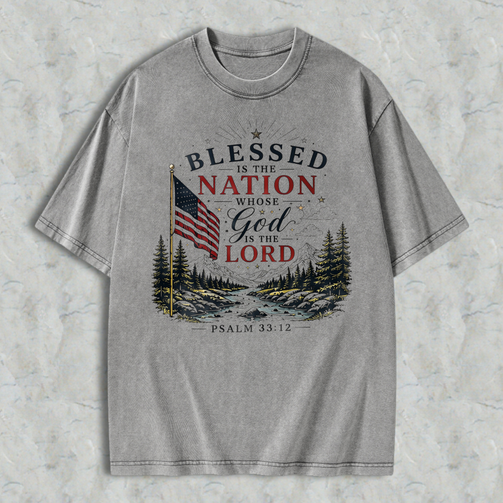 Blessed Is The Nation Whose God Is The Lord Psalm 3312 American Flag Mountain Landscape Washed T-shirt