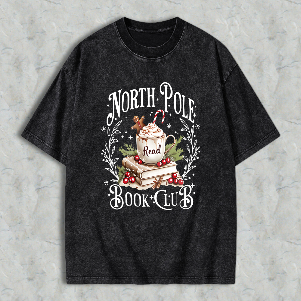 Wardrobecart North Pole Book Club Christmas Reading Theme With Mug Books And Holly Unisex Washed T-shirt
