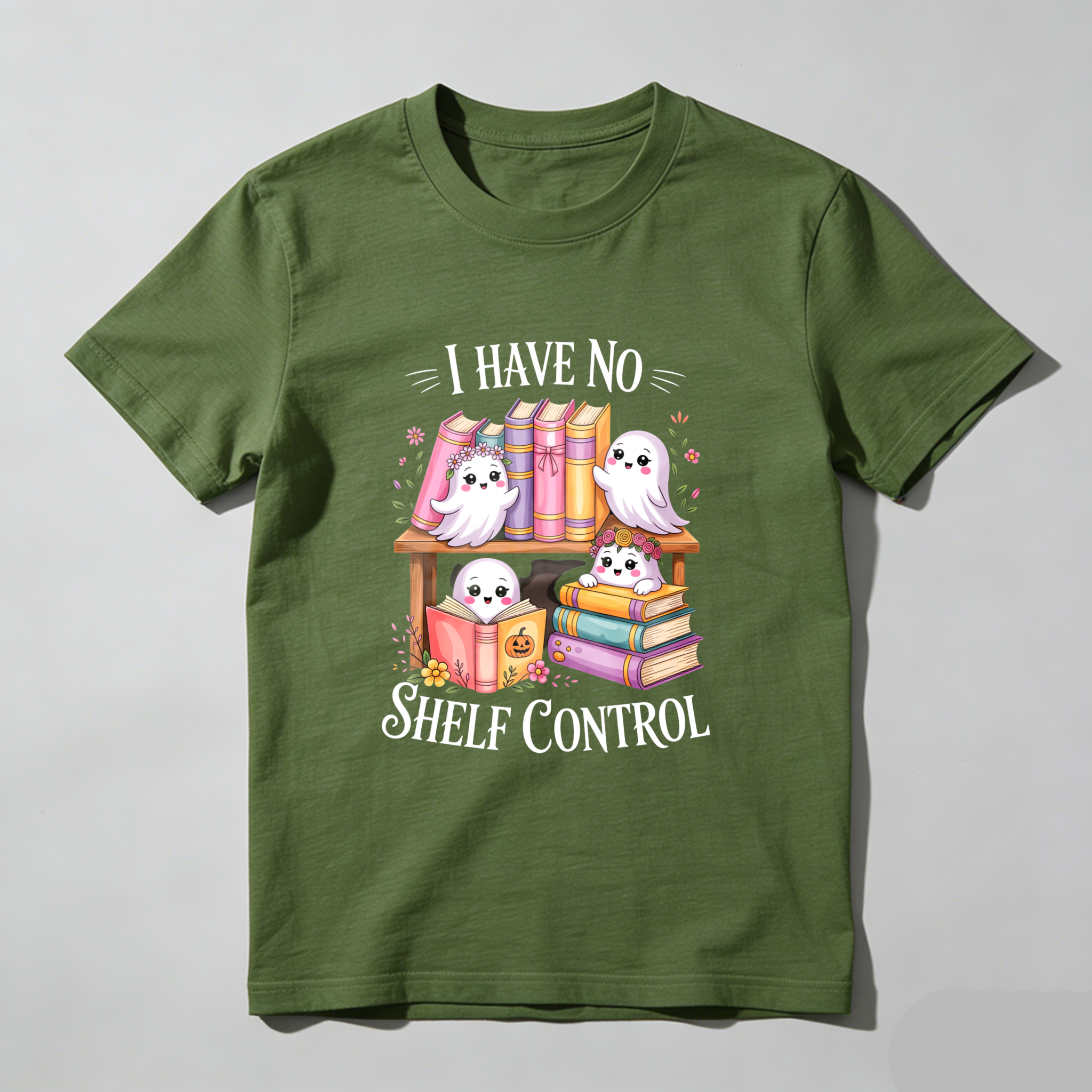 Wardrobecart Cute Ghosts Reading Books With Floral Accents And Text I Have No Shelf Control Unisex Classic T-shirt