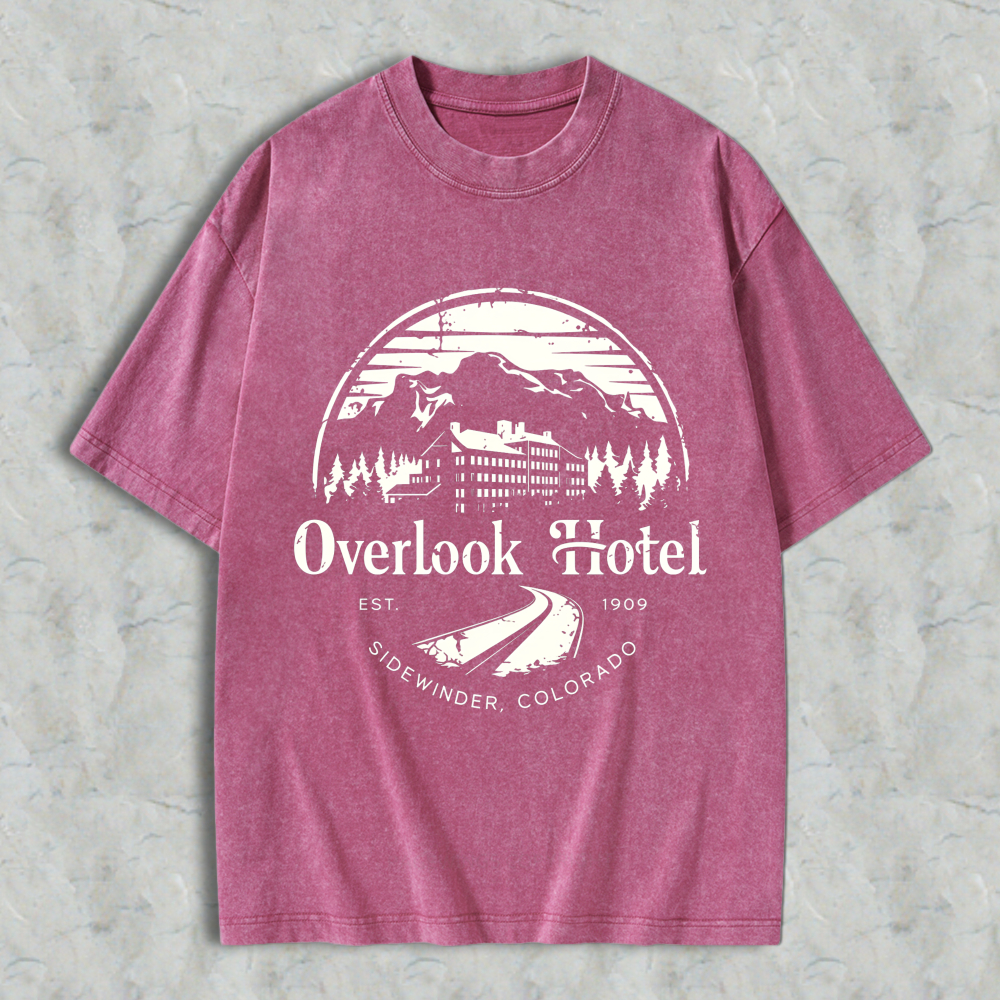 Wardrobecart Overlook Hotel Mountain Scene With Trees And Building Design Unisex Washed T-shirt