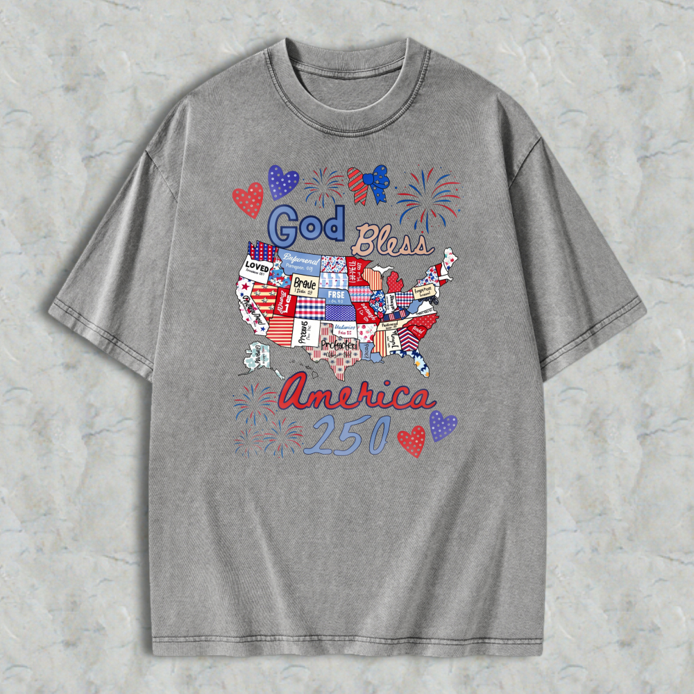 God Bless America 250 Usa Map With Patriotic Symbols And Fireworks Washed T-shirt