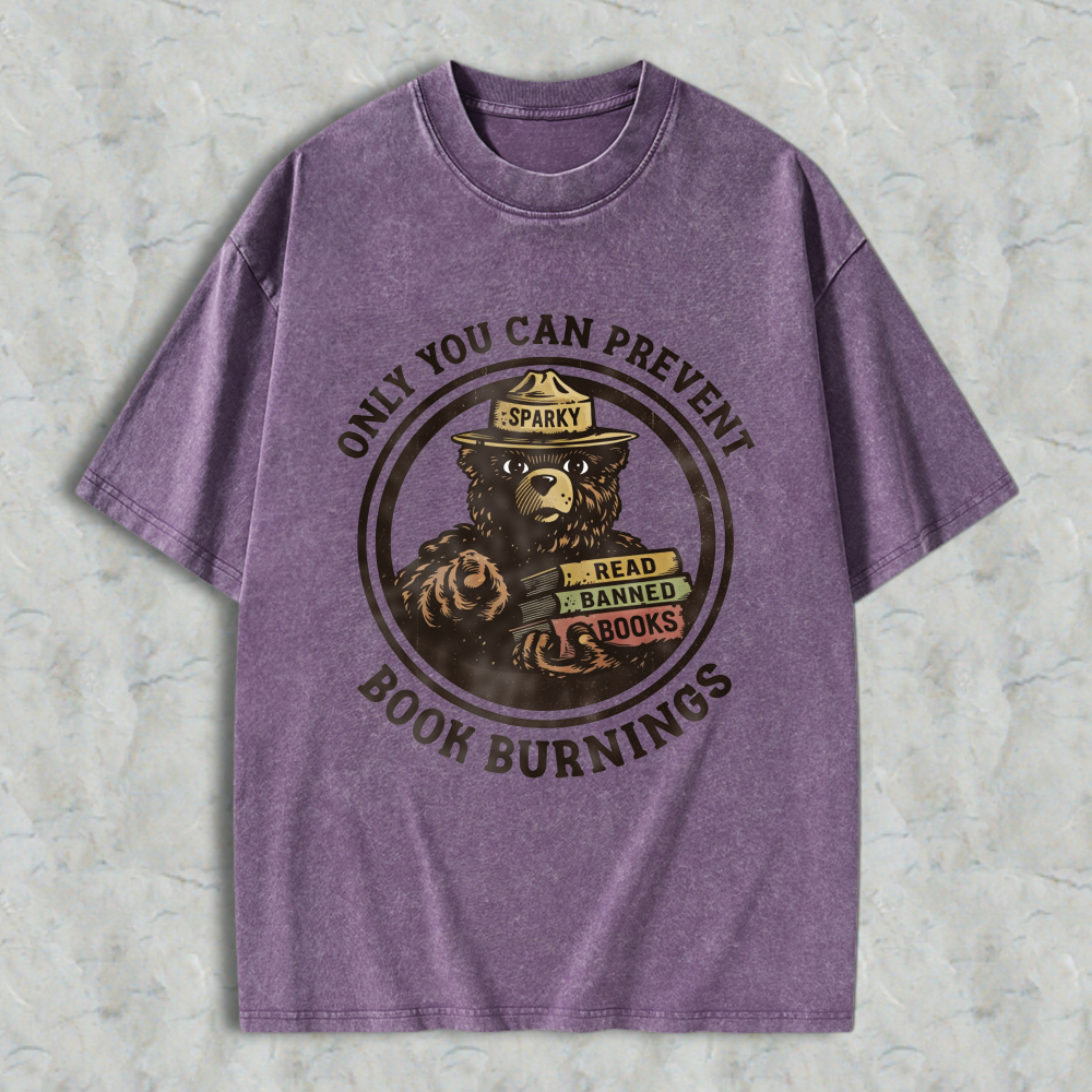 Wardrobecart Bear Reading Banned Books Sparky Ranger Hat Only You Can Prevent Book Burning Unisex Washed T-shirt