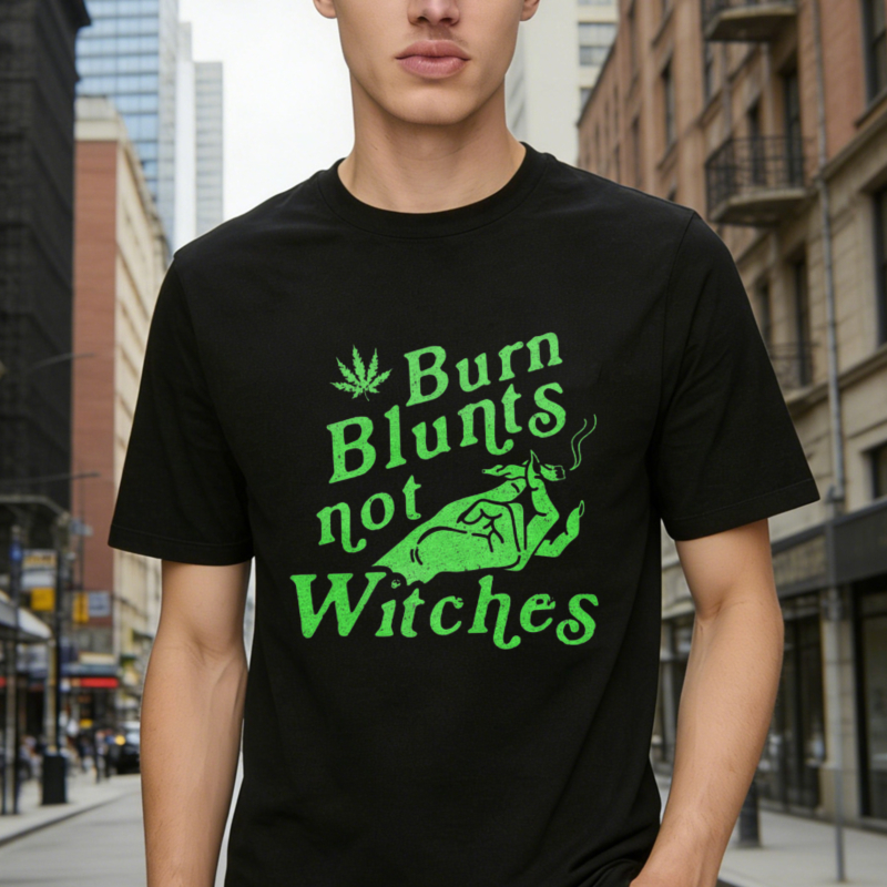 Burn Blunts Not Witches Funny Cannabis Leaf Witch Riding Broomstick Graphic T-shirt