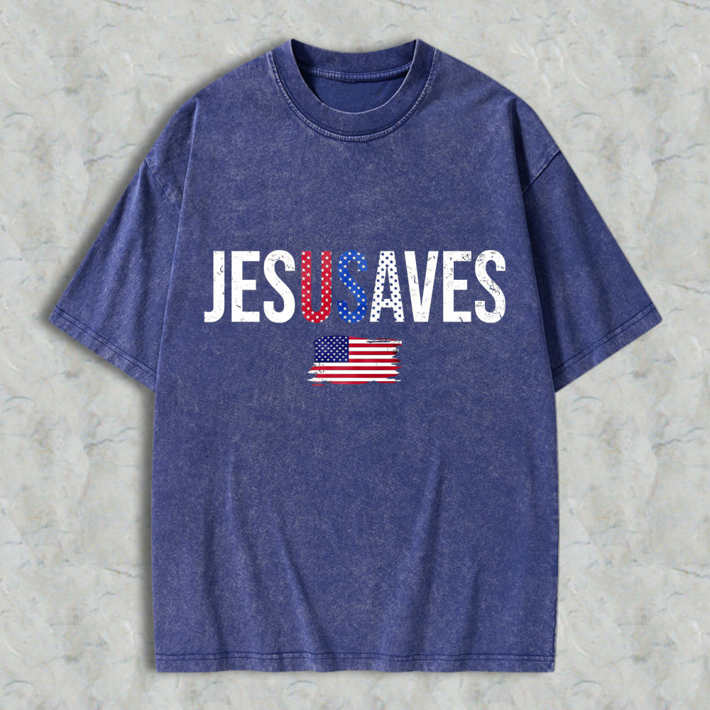 Jesus Saves With American Flag Design Washed T-shirt