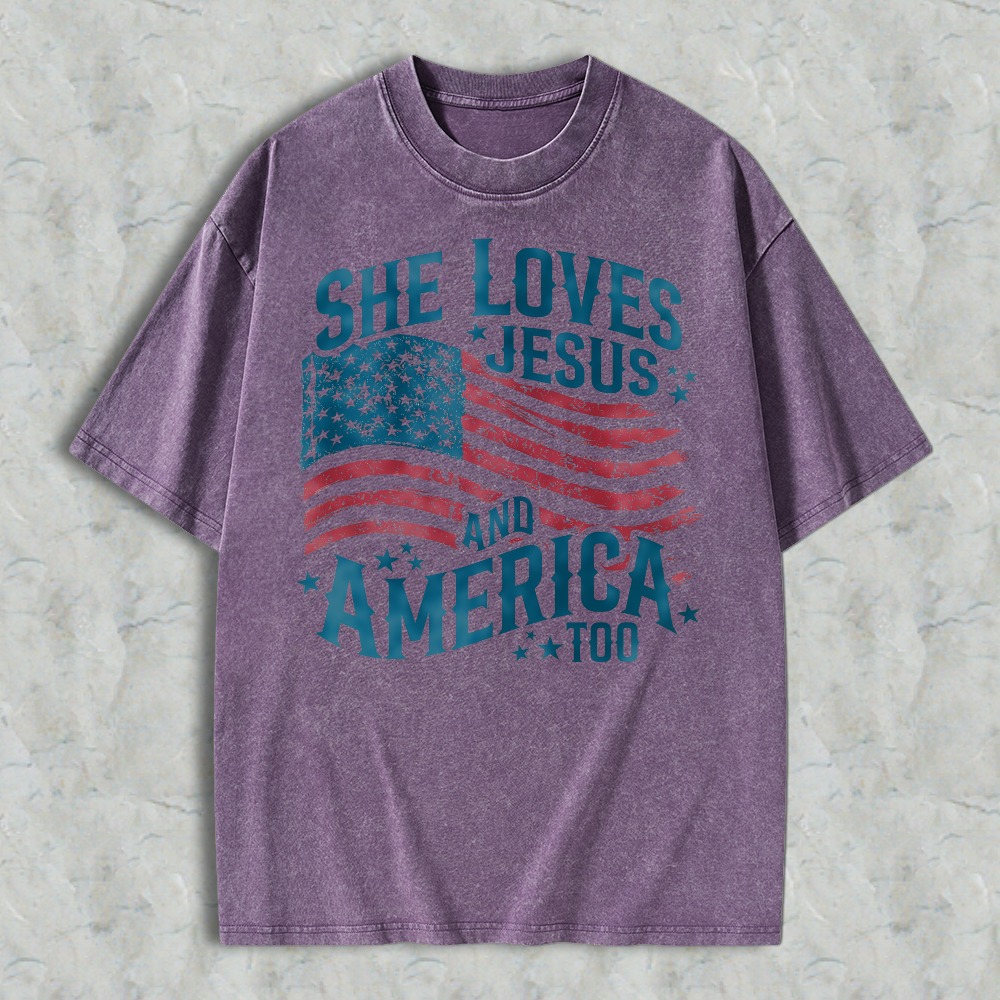 She Loves Jesus And America Too American Flag Design Washed T-shirt