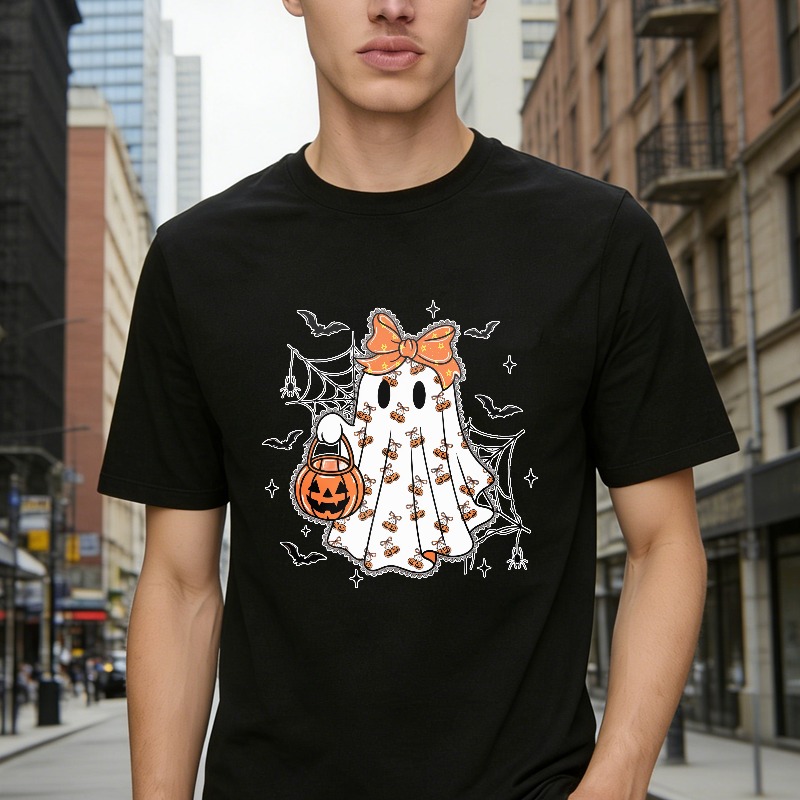Cute Ghost With Orange Bow And Pumpkin Bucket Halloween Design Unisex Classic T-shirt