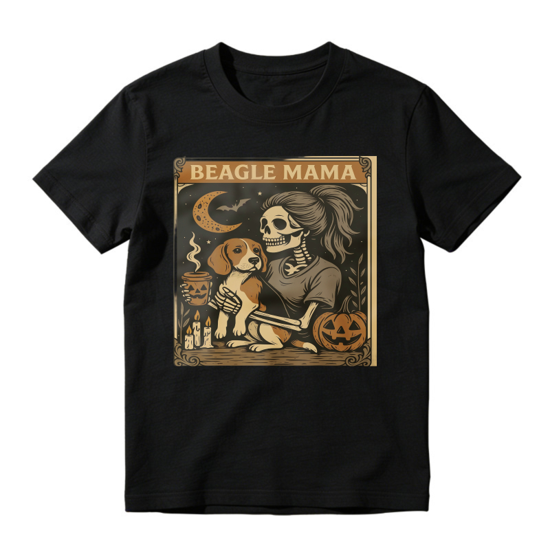 Skeleton Woman Holding Beagle Puppy, Halloween Pumpkin Moon Gothic Art, Beagle Mama, Unisex Classic T-shirt