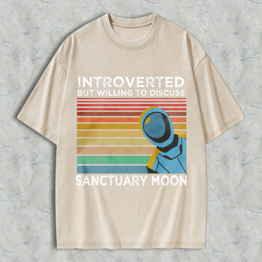 Wardrobecart Introverted But Willing To Discuss Sanctuary Moon Astronaut Vintage Rainbow Design Unisex Washed T-shirt