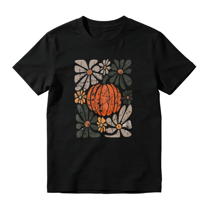 Vintage Retro Pumpkin And Flowers Autumn Harvest Graphic Unisex Classic T-shirt