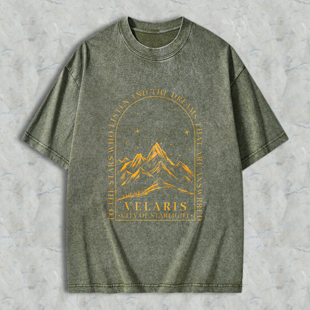 Wardrobecart Mountain Landscape With Stars And Text Velaris City Of Starlight Unisex Washed T-shirt