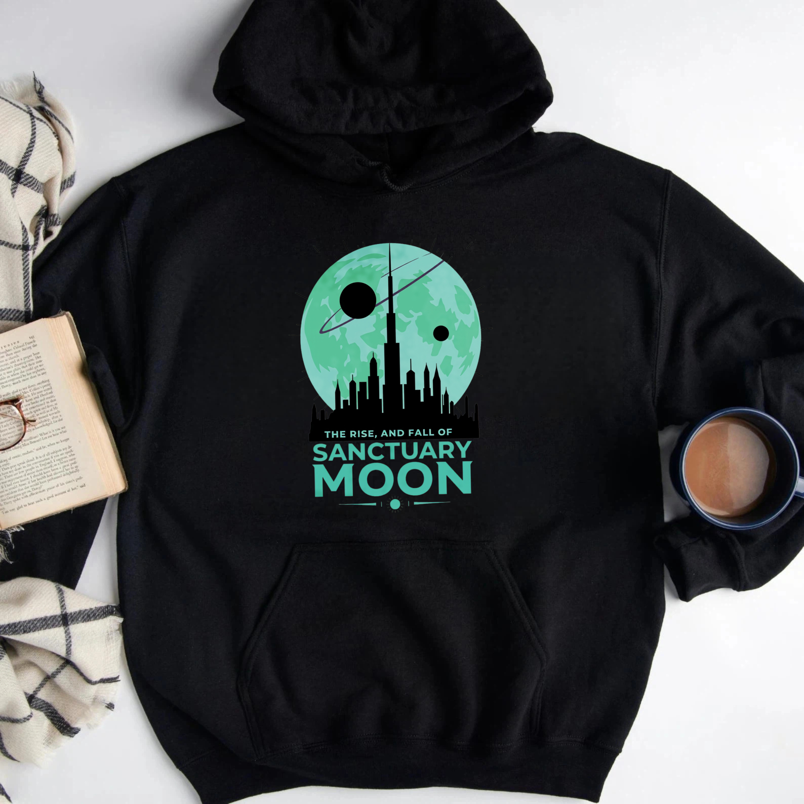 Wardrobecart Sanctuary Moon Cityscape With Planet And Text The Rise And Fall Of Sanctuary Moon Unisex Classic Hoodie