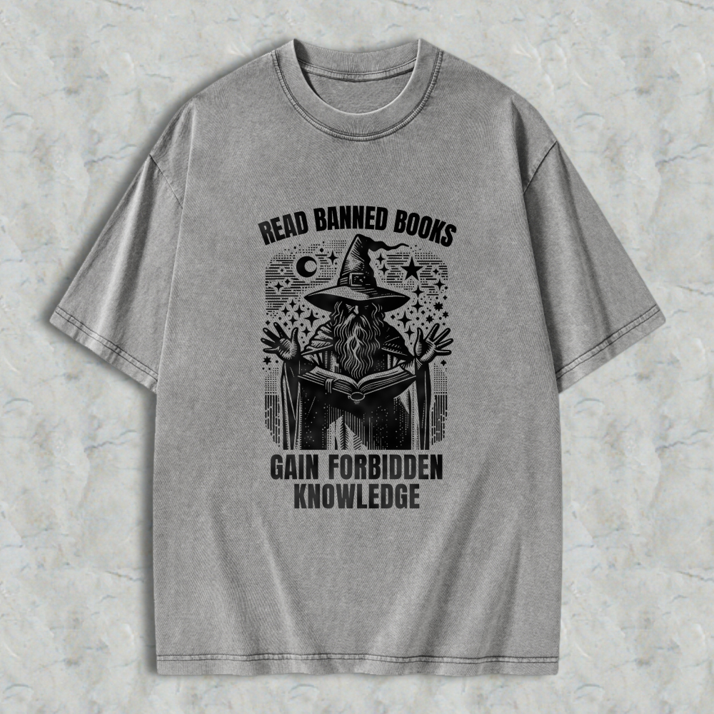 Wardrobecart Read Banned Books Gain Forbidden Knowledge Wizard With Open Book And Stars Unisex Washed T-shirt