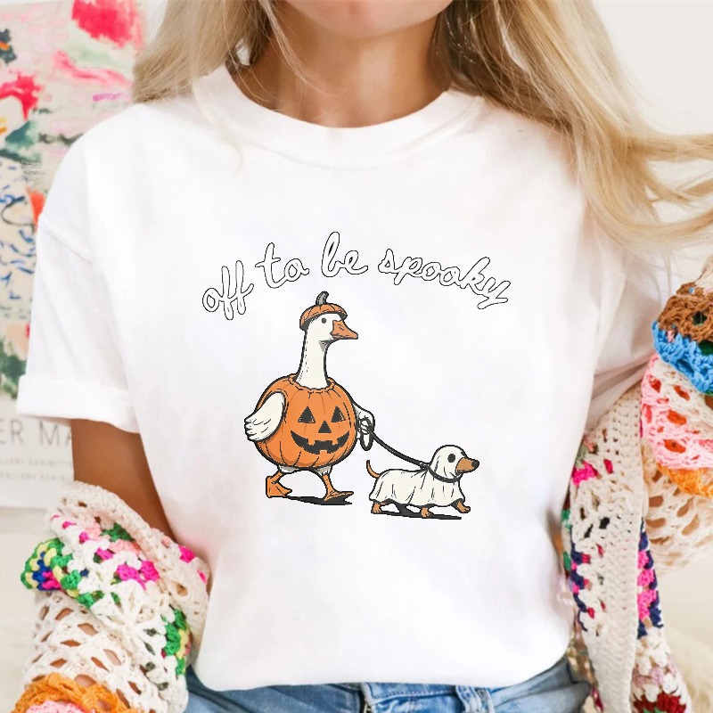 Duck In Pumpkin Costume Walking Dog Off To Be Spooky, Unisex Classic T-shirt