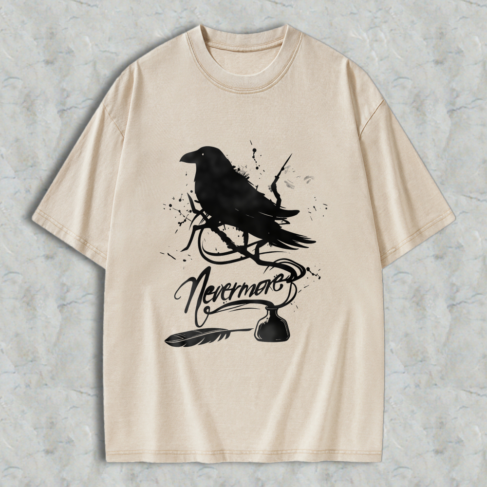 Wardrobecart Raven Nevermore Poem Bird Feather Inkwell Unisex Washed T-shirt