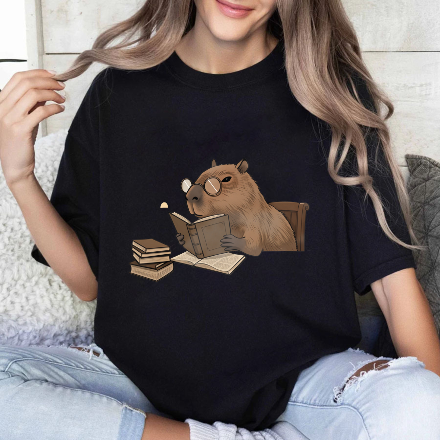 Wardrobecart Capybara Reading Book With Glasses And Stack Of Books Tshirt