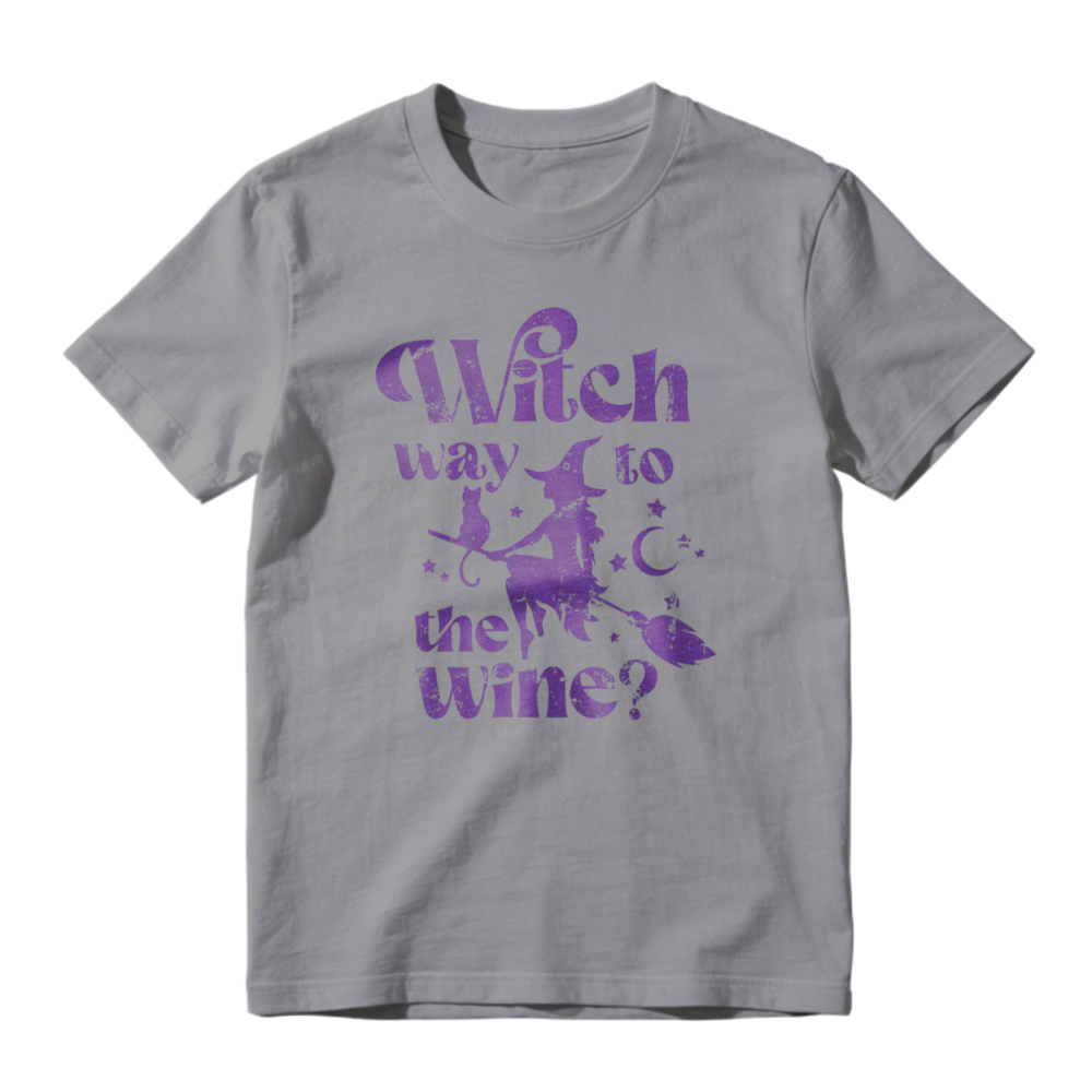 Witch Way To The Wine Halloween Witch Flying On Broomstick Moon Stars Graphic T-shirt