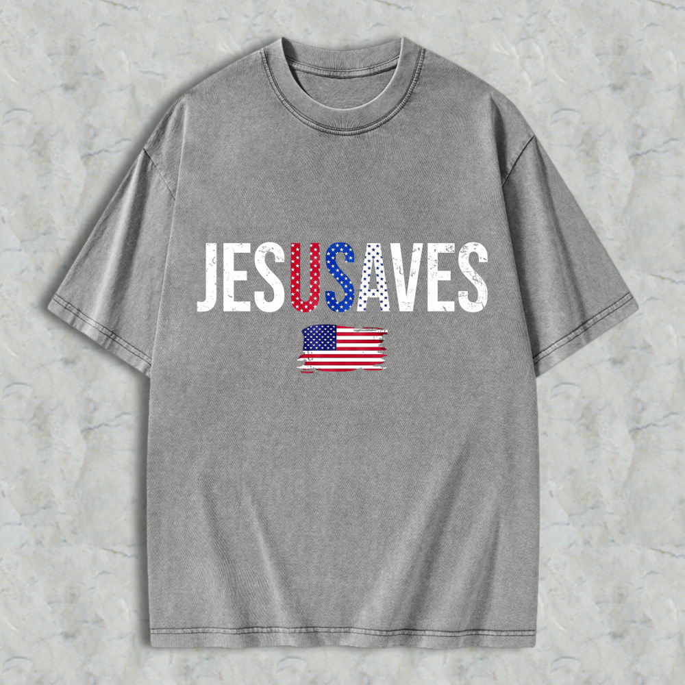 Jesus Saves With American Flag Design Washed T-shirt