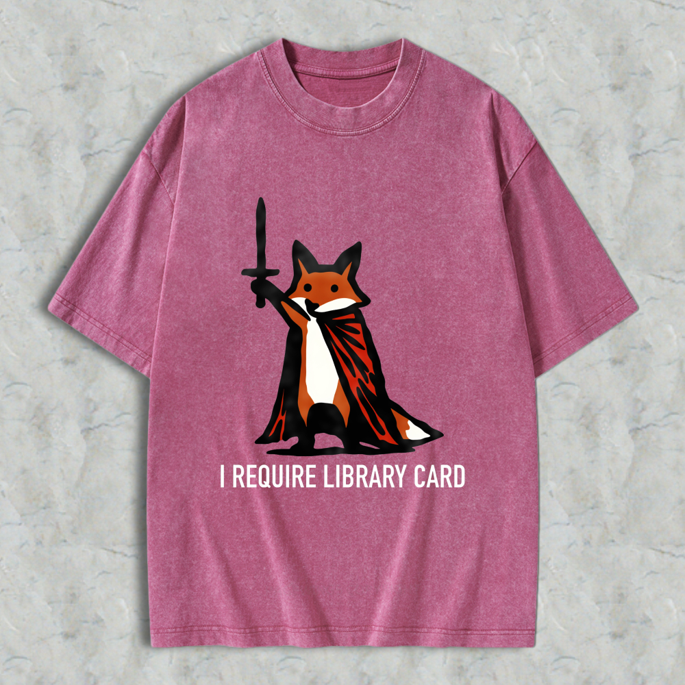 Wardrobecart Fox With Cape And Text I Require Library Card Unisex Washed T-shirt