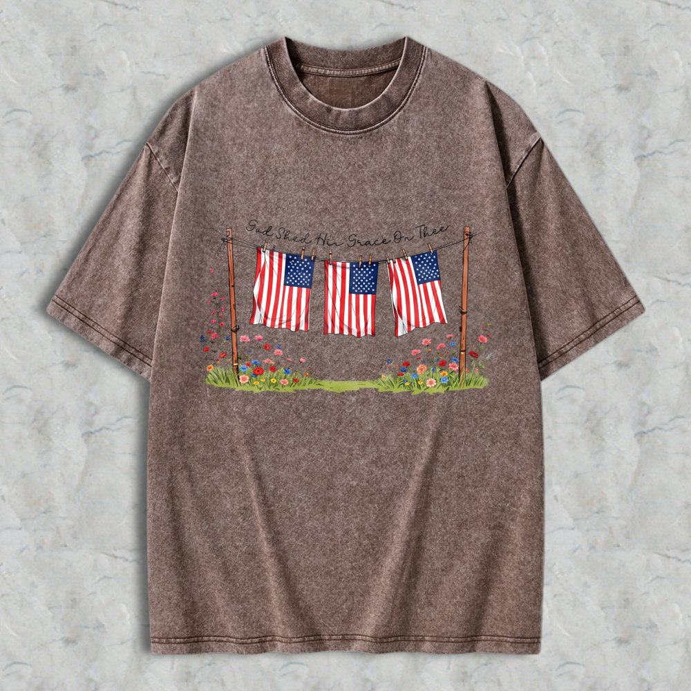 American Flag On Clothesline With Flowers And Text Washed T-shirt